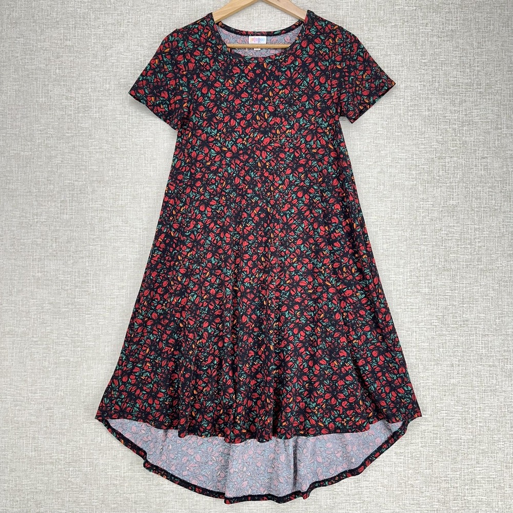 LuLaRoe Dress Womens XXS Black Red Floral High Low‎ Swing Jersey Knit Casual